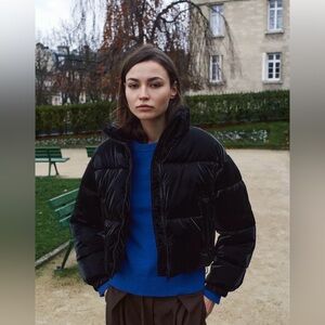 Zara Black Cropped Puffer Jacket Medium NWT Glossy Quilted Coat